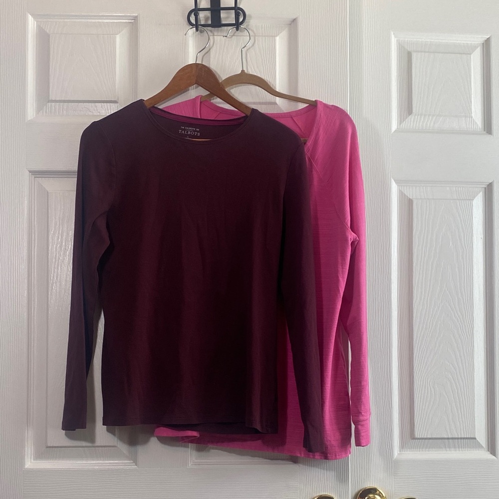 Talbots Women’s L cozy cotton Crewneck Tops — Burgundy & Bright Pink set of 2